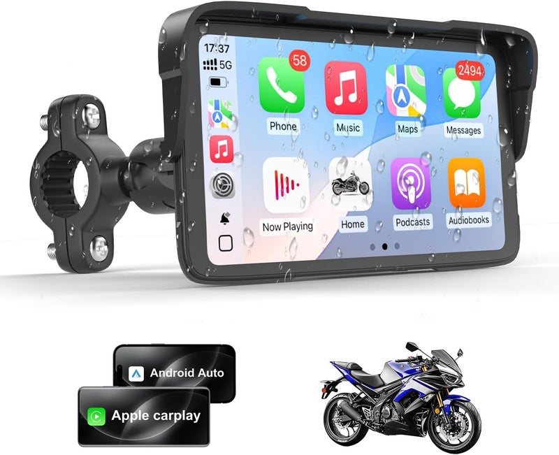 25HOURS Portable Motorcycle CarPlay HD Touch Screen, Motorcycle GPS Navigation System with Apple Carplay and Android Auto, IP67 Waterproof, Support Tire Pressure settings, Bluetooth, Voice Control, Navigation - Image 1